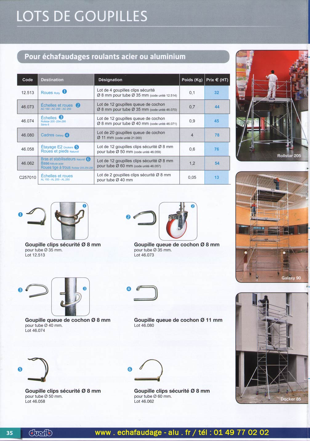 Lots de goupilles pour échafaudages acier de diamètre 8 mm et 11 mm, goupille clips sécurité, goupille queue de cochon pour tube de 35 mm, goupille queue de cochon pour tube de 40mm et 11 mm, goupille agricole dà clips de sécurité pour tube de 50 mm, et de 60 mm